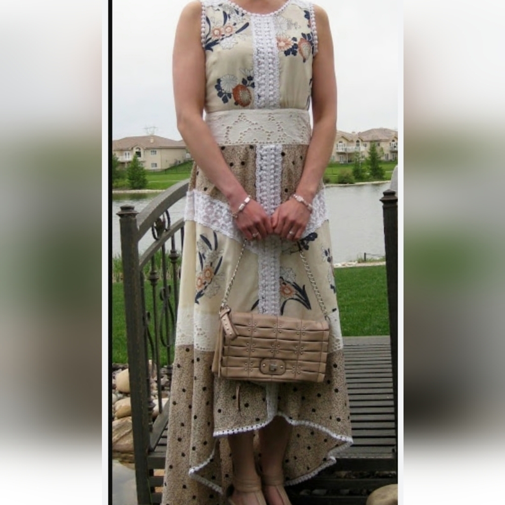 Anthropologie Beige Floral Crochet-Trim Maxi Dress